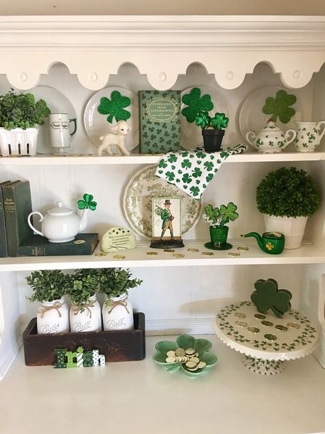 St.Patrick's Day hutch china cabinet 3 tier display vintage St Patricks Day Decorating, Tiered Tray St Patricks Day Decor, St Patrick’s Day Tablescape, Hobby Lobby St Patricks Day, St Patrick’s Day Table Centerpiece, Clubhouse Decor, St Patrick’s Day Tree Decorations, Hutch China Cabinet, March Decor