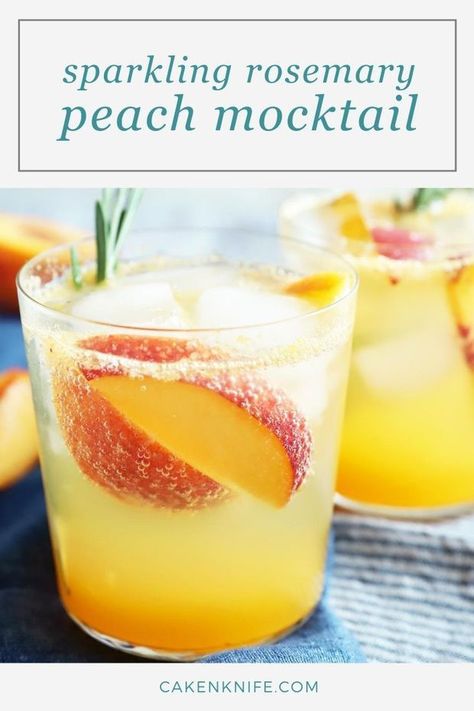 Easy Mocktails, Mocktail Drinks, Peach Cocktail, Peach Drinks, Rosemary Simple Syrup, Alcohol Free Drinks, Drink Recipes Nonalcoholic, Cocktail And Mocktail, Craft Cocktail