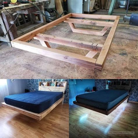 Engineering Verse (@engineering_verse) posted on Instagram: “Wooden floating bed frame. What do you think? Follow - @engineering_verse Follow - @engineering_verse Follow - @engineering_verse - -…” • Feb 10, 2021 at 9:52am UTC California King Floating Bed Diy, Platform Floating Bed, How To Build A Floating Bed, Slide In Room, Diy Floating Bed Frame How To Build, Floating Platform Bed Diy, Bedframe Ideas Diy, Floating King Bed, Floating Bed Ideas