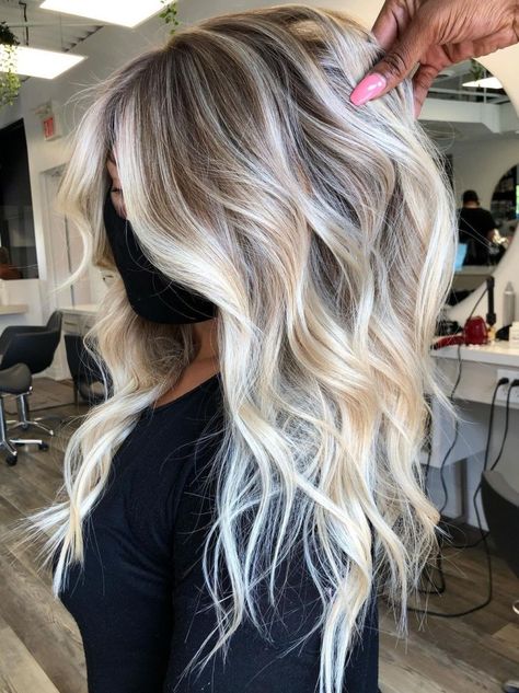 Bright Blonde Balayage with Waves Blonde Highlights With Lowlights, Icy Blonde Highlights, Blonde Balayage Hair, Platinum Blonde Balayage, Balayage Hair Color Ideas, Bright Blonde Hair, Blonde Highlights On Dark Hair, Summer Blonde Hair, Balayage Hair Color