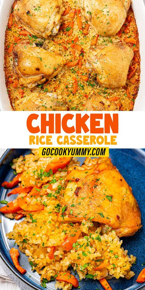 Turn dinner into a dream with this Homestyle Baked Chicken and Rice Casserole. Juicy chicken thighs, aromatic rice, and tender carrots are baked in a flavorful broth, creating a comforting, savory meal that feels like a hug in a dish. With only 10 minutes of prep and the oven doing most of the work, it’s perfect for any night of the week. Enjoy a true taste of home in every bite! Baked Chicken And Rice Casserole, Chicken Carrots Recipe, Mexican Rice Dishes, Baked Chicken And Rice, Juicy Chicken Thighs, Chicken And Rice Casserole, Rice Desserts, Moist Chicken, Chicken Rice Casserole