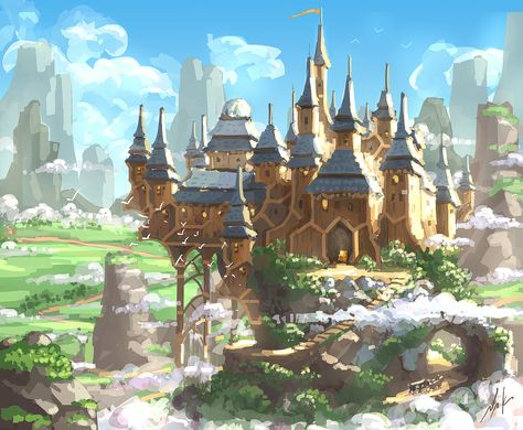 Wooden Castle Fantasy Art, Fantasy Cities, Castle House Design, Wooden Castle, Anime City, Castle Art, My Fantasy World, Location Inspiration, Paintings And Drawings