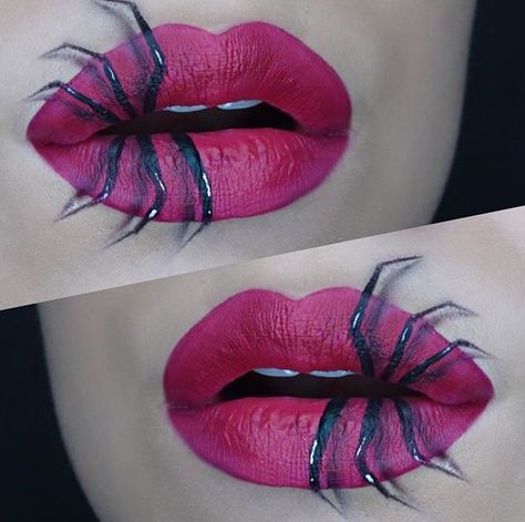 SPIDER ON YOUR FACE LIP ART HALLOWEEN LIP ART Halloween Spider Makeup, Spooky Bunny, Husbands Birthday, Pose Portrait, Eyeshadow Tutorials, Lips Art, Horror Make-up, Product Inspiration, Halloween Eye Makeup