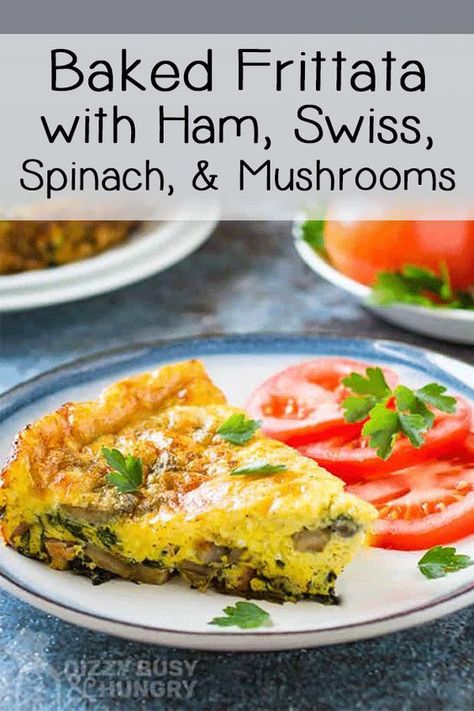 Dutch Oven Baked Frittata Made with Ham, Swiss Cheese, spinach and mushrooms is a healthier frittata recipe #dizzybusyandhungry #dutchoven #recipes #ham #frittata #swisscheese #hdidenveggies Eggs Frittata, Oven Baked Frittata, Frittata Recipes Healthy, Baked Frittata, Cheese Mushrooms, Egg Frittata, Spinach And Mushrooms, Mushrooms And Spinach, Breakfast Frittata