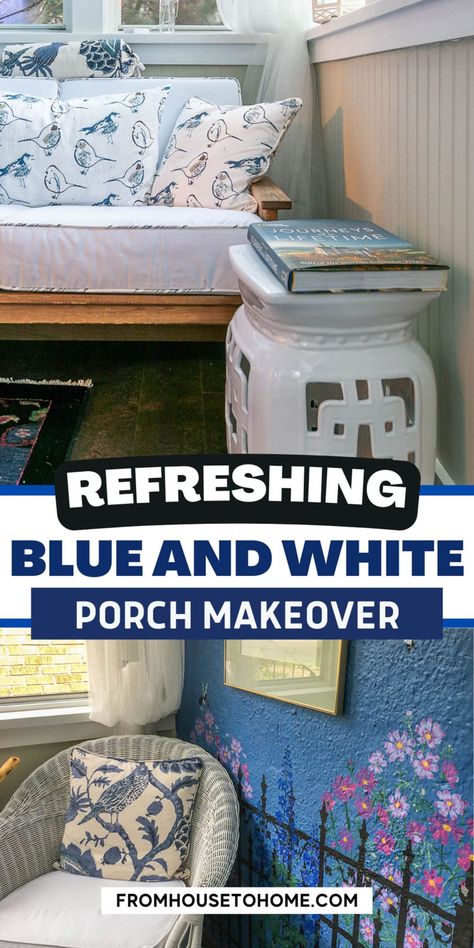 Small Blue And White Front Porch Makeover | Summer Outdoor Decor Blue And White Front Porch, Beadboard Walls And Ceiling, White Front Porch, Beadboard Walls, Long Curtain Rods, Summer Outdoor Decor, Outdoor Decor Ideas, Bead Board Walls, White Porch