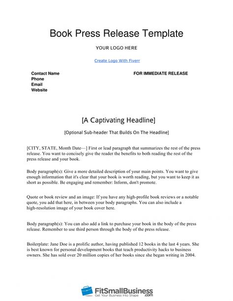 How to Write a Book Press Release in 9 Steps [+ Free Template] Press Release Example, Book Publishing Logo, Press Release Template, Body Paragraphs, Book Press, Write A Book, Insert Image, Book Launch, Book Release