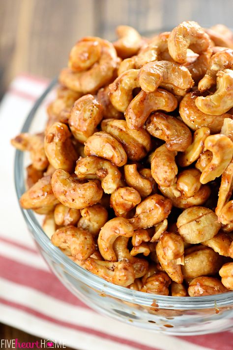 Honey Chipotle Lime Cashews ~ the perfect balance of sweet, spicy, and smoky, these glazed nuts are roasted to perfection and completely addictive, making them a fantastic gift or a tasty party snack! | FiveHeartHome.com Candied Cashews, Glazed Nuts, Super Bowl Snack Recipes, Honey Chipotle, Roasted Pecans, Nut Recipes, Superbowl Snacks, Party Snack, Roasted Nuts