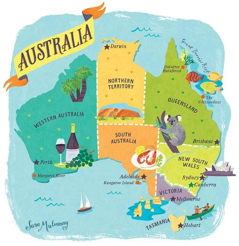 Australia map illustration for Waitrose Food Magazine by Sara Mulvanny Australia Map Illustration, Benua Australia, Australia Geography, Australia Map Art, Australia Illustration, Australia Continent, Australia Drawing, Food Australia, Australian Map