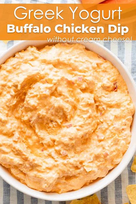 This quick and easy buffalo chicken dip is made with Greek yogurt instead of cream cheese! You only need 8 ingredients and 15 minutes. Crock pot and stove top instructions are included! Chicken Bites With Cream Cheese Yogurt Dip, Buffalo Chicken Dip With Yogurt, Greek Yogurt Buffalo Chicken Dip, Buffalo Chicken Dip Greek Yogurt, Buffalo Chicken Greek Yogurt, Ww Buffalo Chicken Dip, Buffalo Chicken Dip Crock Pot Greek Yogurt, Healthier Buffalo Chicken Dip, Buffalo Chicken Dip Healthy Greek Yogurt