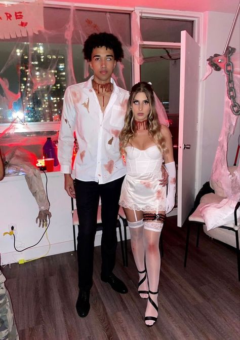 Zombie Costume Ideas For Couples, Dead Bride Costume Halloween, Dead Groom And Bride Costume, Vampire Bride And Groom Costume, Bride And Groom Costume Halloween, Chucky And Bride Costume Couple, Nurse And Doctor Costume Couple, Couple Scary Halloween Costumes, Killer Bride Costume Halloween