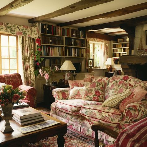 English Country Decor Living Room Laura Ashley Cottage Style, English Country House Living Room Sofas, Cottagecore Sitting Room, Cottage Bookshelves, English Cottage Living Room Ideas, English Lounge, Cottage Interiors Living Rooms, Floral Sofas, Front Wall Tiles