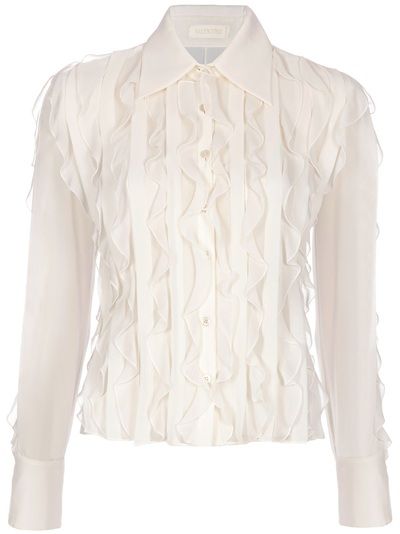 VALENTINO - Ruffle detail blouse 1 White Blouses, White Ruffle Blouse, Frilly Blouse, White Silk Blouse, Ladies Blouse Designs, White Long Sleeve Blouse, White Long Sleeve Shirt, Designer Blouses, Ruffle Shirt