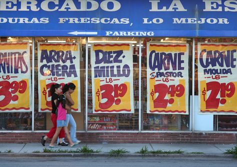 Mexican grocery store signs on the Near West Side Grocery Store Signs, Poppins Font, Rogers Park Chicago, Mexican Grocery Store, Market Signage, Grocery Sign, Mini Mart, Grocery Ads, Retail Branding