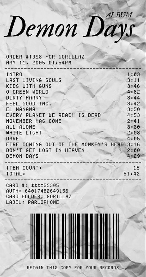 Gorillaz Poster Demon Days, Gorillaz Receipt, Reciept Albums, Music Receipts, Gorillaz Poster, Album Receipts, Gorillaz Albums, Album Receipt, Gorillaz Demon Days