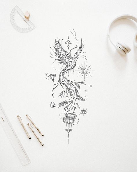 Phoenix Tattoo Linework, Phoenix Tattoo Line Art, Phoenix Tattoo Fine Line, Phoenix Drawing Simple, Phoenix Tattoo Minimalist, Phoenix Spine Tattoo, Simple Phoenix Tattoo Feminine, Fenix Tattoo Design, Fine Line Phoenix Tattoo