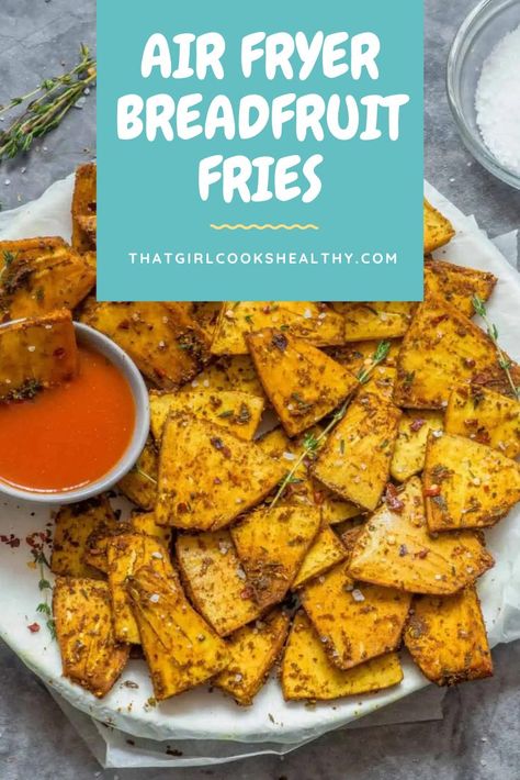 Breadfruit Fries on a parchment lined plate with a bowl of hot sauce for dipping. Breadfruit Chips, Roasted Breadfruit, Breadfruit Recipe, Fries Air Fryer, Hawaii Recipes, Jamaican Curry Powder, Bread Fruit, Vegetarian Soup Recipes, Hawaii Food