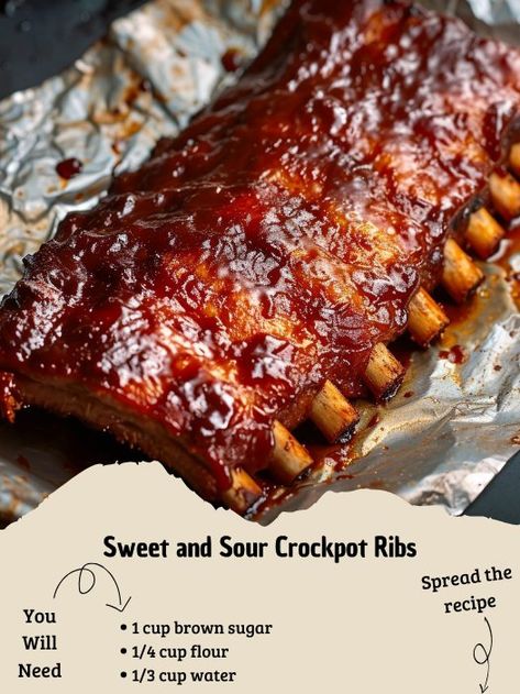 Recipes Lena - Sweet and Sour Crockpot Ribs
1 cup brown... Sweet And Sour Crockpot Ribs, Ribs Crockpot, Crockpot Ribs, Sweet And Sour, Ketchup, Soy Sauce, 1 Cup, Crockpot Recipes, Brown Sugar