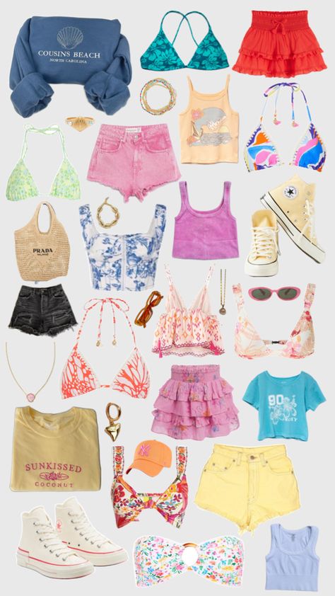 beachy, colorful, clothes, tops, swimming suits, cute, beach clothes, jean shorts, shoes Beachy Aesthetic Outfits Winter, Beachy Girl Aesthetic Outfits, Surfer Girl Aesthetic Outfit, Beachy Style Outfits, Beachy Girl Outfits, Cute Beachy Outfits, Frat Outfits, Surfer Outfit, Beachy Clothes