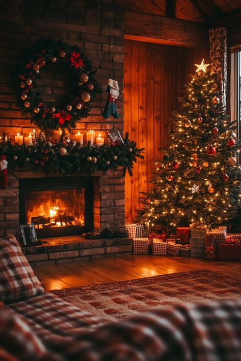 Cozy Xmas Decor, My December Aesthetic, Cozy Fireplace Christmas, Cozy Xmas Aesthetic, Cozy Fireplace Wallpaper, Christmas Pics At Home, Warm Christmas Aesthetic Cozy, Cozy Christmas Cabin Aesthetic, Winter Fireplace Aesthetic