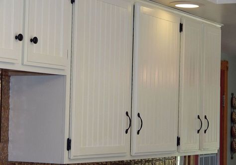 Our kitchen cupboards transformed :: Hometalk Beadboard Kitchen Cabinets, Faux Brick Backsplash, Beadboard Kitchen, Fancy Kitchens, Bright Kitchens, Vanilla Custard, Mobil Home, Cabinet Makeover, Kitchen Cabinet Doors