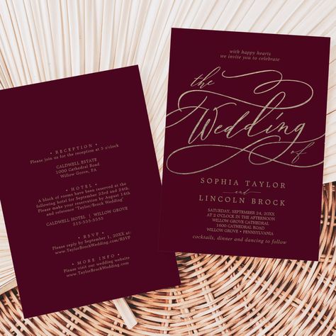 Romantic Burgundy Calligraphy All In One Wedding Invitation Simple Fall Wedding, Burgundy And Gold Wedding, Bohemian Autumn, Classic Reception, Popular Wedding Invitations, Wedding Announcement Cards, Wedding Bohemian, Fancy Hands, Rustic Boho Wedding