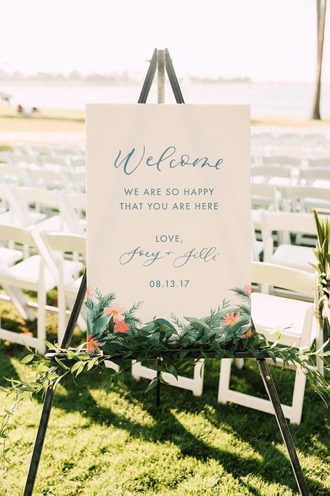 Wedding entrance welcome sign Beach Wedding Signage, Beach Wedding Welcome Sign, Wedding Signs Entrance, Tropical Wedding Flowers Centerpieces, Cuban Wedding, Printed Bridesmaid Dresses, Wedding Altar, Palm Wedding, Wedding Invitation Etiquette