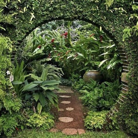 Moon Gate Garden, Tropical Backyard Landscaping, Beautiful Gardens Landscape, Garden Archway, Gate Garden, Tropical Landscape Design, Moon Gate, Tropical Garden Design, Jungle Gardens