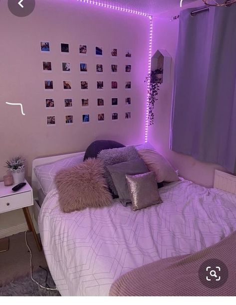 Room Ideas Led, Purple Dorm Room Ideas, Purple Dorm Room, Christmas Lights In The Bedroom, Purple Dorm Rooms, Purple Dorm, Led Purple, Bedroom Ideas For Teenage Girl Rooms, Indie Bedroom