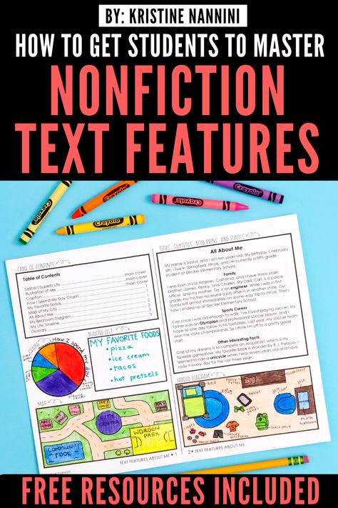 FREE Nonfiction Text Features Printables and Activities - When students enter the upper grades, they are required to read more textbooks and informational texts. These can be difficult for students due to the higher-level vocabulary and concept-dense content. This download supplements & presents important information students must read in order to fully comprehend the text. 3rd, 4th, 5th, & 6th grade approved! #NonfictionTextFeatures #Reading #UpperElementary Informational Text Middle School, Informational Text Anchor Chart, Fiction Text Features, Teaching Nonfiction Text Features, Text Features Activities, Sixth Grade Reading, Teaching Nonfiction, Nonfiction Text Features, Fiction Text