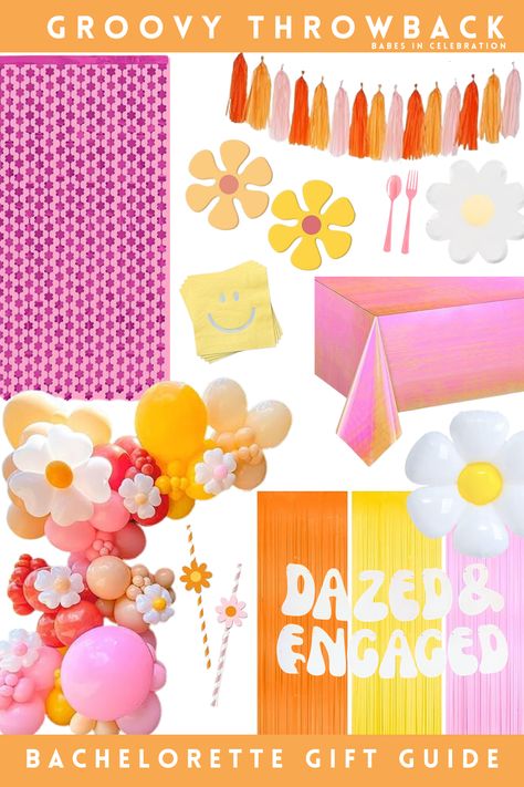 Dazed and Engaged? Groovy and Boozy? We've got the perfect decorations for your groovy bachelorette weekend! Our decor guide has the cutest items to decorate your weekend rental and go all out groovy! #amazonaffiliate #ad Dazed And Engaged Cupcakes, Dazed And Engaged Bridal Shower Ideas, Dazed And Engaged Bachelorette Party Decor, Dazed And Engaged Bachelorette Decor, Retro Bachelorette Party Decor, Groovy And Boozy Bachelorette, Groovy And Boozy, Dazed And Engaged Bachelorette, Groovy Bachelorette Party