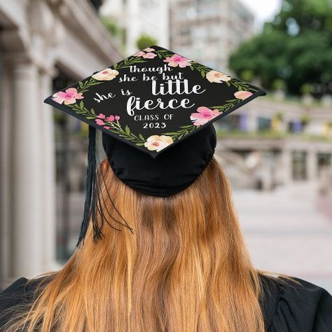 $22.00 | She is Fierce | Custom Class Year #for her, graduation, inspirational quote, class year, feminist, pink watercolor floral, green and pink, though she be but little, she is fierce, shakespeare Brush Script Lettering, Graduation Cap Tassel, Grad Cap Topper, Aqua Background, Graduation Cap Toppers, Smash The Patriarchy, The Patriarchy, Pink Watercolor Flower, She Is Fierce