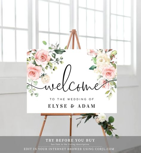 Blush Floral Welcome Sign Landscape Greenery Printable | Etsy Canada Floral Wedding Sign, Engagement Signs, Printable Wedding Sign, Bridal Shower Welcome Sign, Floral Printables, Wedding Welcome Sign, Welcome To Our Wedding, Wedding Welcome Signs, Baby Shower Signs