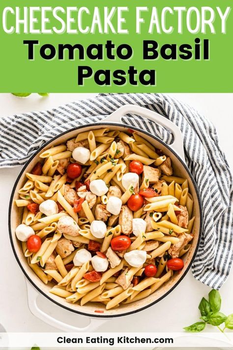 Enjoy this perfect pasta recipe that is a copycat version of the Cheesecake Factory’s Tomato Basil Pasta dish. Everyone loves this protein-rich pasta dish that has a gluten-free option. The leftovers are great for lunch! This is a 30 minute meal that is great for busy weeknights. Chicken Recipes With Tomatoes, Basil Pasta Recipes, Gluten Free Vegetarian Recipes, Tomato Basil Pasta, The Cheesecake Factory, Basil Pasta, Meat Free Recipes, The Leftovers, Perfect Pasta