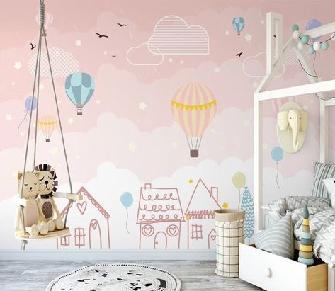 Hot Air Balloons Clouds Birds Stars Houses Pink Background Wallpaper Self Adhesive Peel and Stick Wall Sticker Wall Decoration Removable Materials; Peel and Stick Vinyl or Non-Woven Embossed removable Wallpaper FEATURES: Wallpaper; * High Quality Non-Woven Embossed Matt Wallpaper * High Washability, UV Rays Resistant * Easy for use and application * Easy removable * Applicable with glue * Weight : 250 gr/m2 Pell and Stick; * Environment friendly and waterproof.  * Easy to install and cut  * Can Houses Background, Animal Bedroom, Balloon Clouds, Kids Room Murals, Murals For Kids, Pink Wallpaper Backgrounds, Wall Mural Wallpaper, Bird Wallpaper, Balloon Wall