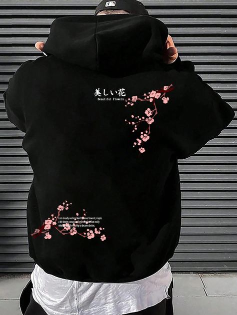 Men Floral & Slogan Graphic Kangaroo Pocket Drawstring Thermal Lined Hoodie Black Casual  Short Sleeve Fabric Floral,Slogan  Slight Stretch  Men Clothing, size features are:Bust: ,Length: ,Sleeve Length: Hip Hop Cargo Pants, Street Fashion Men Streetwear, Lined Hoodie, Seductive Clothes, Vibe Clothes, Suit Style, Fabric Floral, Cool Hoodies, Mens Accessories Fashion