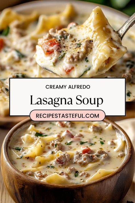 This Creamy Alfredo Lasagna Soup is packed with sausage, mushrooms, spinach, and lasagna noodles, all in a rich Parmesan cheese broth. This hearty, warming soup is perfect for cold winter months. Rainbow Lasagna, Lasagna In A Bowl, Alfredo Lasagna Soup, Alfredo Lasagna, Recipes By Ingredients, Lasagna Soup Recipe, Winter Soup Recipe, Lasagna Noodles, Homemade Soup Recipe