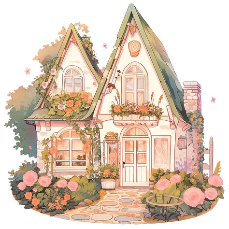 Cute House with Flowers in Rustic and Cottagecore Style Sticker Cottagecore Prints, Cottage Drawing, House With Flowers, Cottage Illustration, Aesthetic Cottage, Fairytale House, House Cartoon, Cottagecore Art, Cartoon House