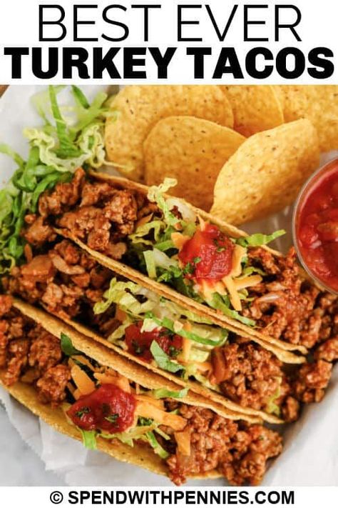 Ground Turkey Tacos are a healthy twist on a classic fave! Add toppings of your choice and enjoy these for lunch, dinner, or even a snack! #spendwithpennies #turkeytacos #entree #recipe #easy #ground #mealprep #meat #seasoning #best Crockpot Ground Turkey, Ground Turkey Taco Recipes, Ground Turkey Seasoning, Turkey Tacos Recipes, Turkey Seasoning, Shell Pasta, Taco Filling, Ground Turkey Recipes Healthy, Ground Turkey Tacos