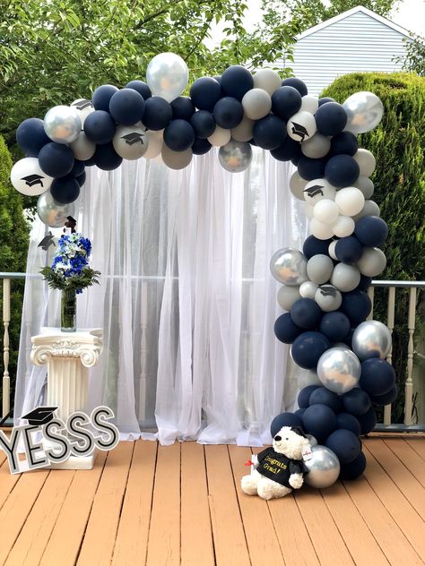 Blue White Silver Graduation Decor, Navy And White Graduation Party Ideas, Graduation Party Ideas Decorations Decor, Blue And Silver Graduation Decorations, Blue And Silver Graduation Party Ideas, Blue Graduation Party Ideas, Blue And White Grad Party, Blue And White Graduation Party Ideas, Light Blue Graduation Party