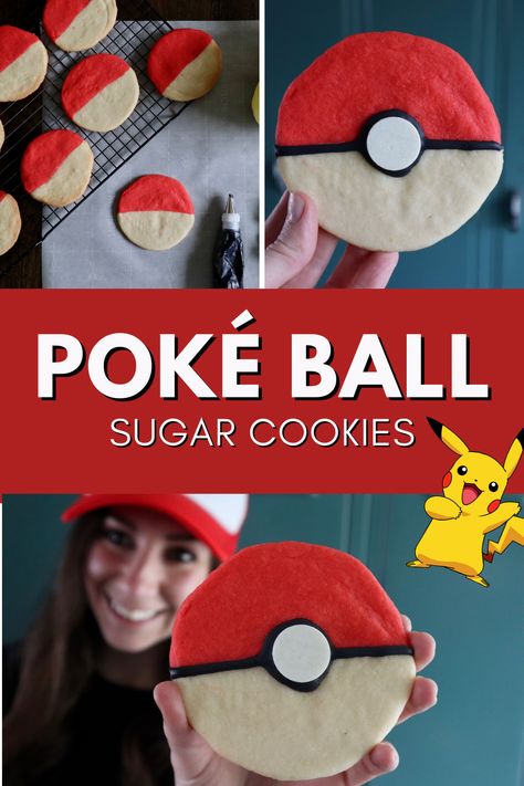 Make Poké Ball cookies using two colors of dough -- perfectly simple and adorable. #PokemonCookies #PokemonParty Pokemon Brownies, Pokemon Ball Cookies, Poke Ball Cookies, Pokemon Cookies Diy, Pokemon Desserts Easy, Pokeball Cookies, Pokemon Recipes, Pokemon Treats, Pokeball Cake Pops