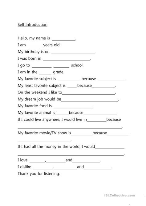 Classroom Introduction Activities, Introduction Of Myself For School, Introduction For Presentation, Creative Introduction Of Yourself, Self Introduction Worksheet, My Self Introduction For Interview, Self Introduction Template, Introducing My Self, Self Introduction In English