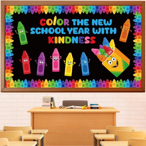 PRICES MAY VARY. PACKAGE INCLUDES - This crayon themed bulletin board decorations set includes a 'COLOR THE NEW SCHOOL YEAR WITH KINDNESS' letter cutout set, 42 pieces of crayon theme bulletin board cutouts, 1pieces of crayon box cutout, 16 pieces of crayon bulletin board borders, and comes with 60 glue points. The ample quantities enable you to exercise your creativity, freely mixing and matching elements to transform your space into a vibrant, colorful world. CRAYON CLASSROOM DECORATIONS - Des Bulliten Border Ideas, Crayons Bulletin Board Ideas, Unbeleafable Bulletin Board, Crayon Bulletin Board Ideas Preschool, Crayon Box Classroom Door, Crayon Themed Classroom Bulletin Boards, Crayon Box Bulletin Board, Crayon Back To School Bulletin Board, Back To School Bulletin Boards Preschool