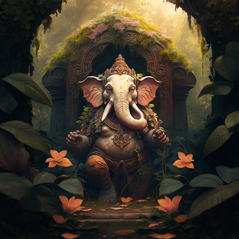 Ganesh Tattoo, Naruto Painting, Ganesha Drawing, Ganesh Art Paintings, Serene Garden, Pictures Of Shiva, Elephant God, Ganesh Photo, Surrounded By Flowers