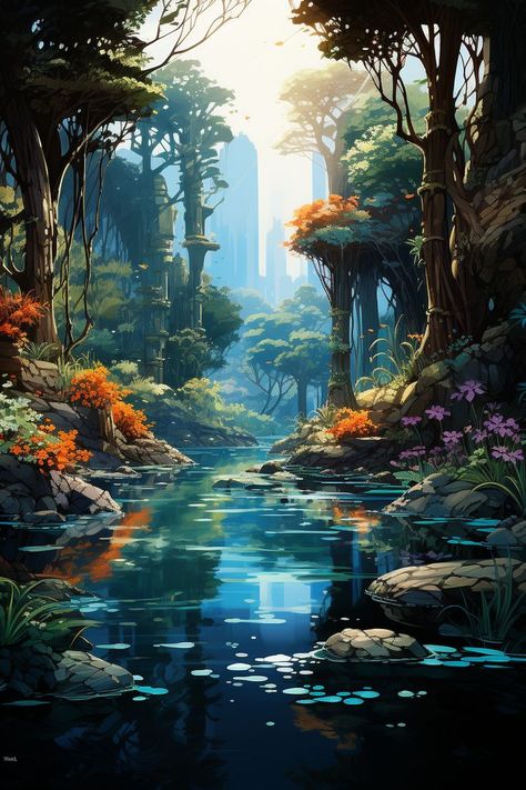 Fantasy Landscape Art, Background Fantasy, Art Niche, Waterfall Art, Mystical Places, Dreamy Artwork, Water Drawing, Fantasy Background, Lake Painting