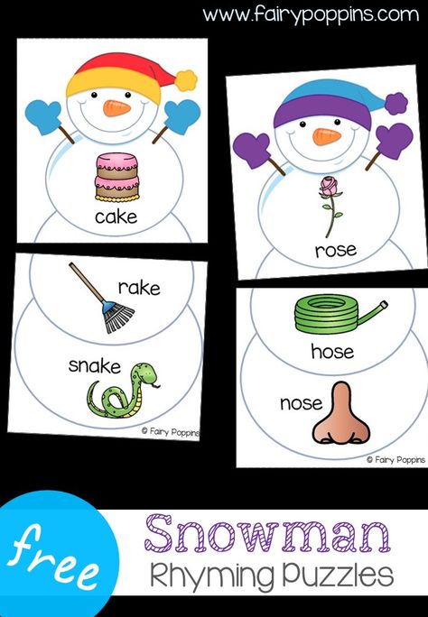 Kids will love solving these ultra cute snowman rhyming puzzles which are super easy to prepare!This hands on activity is an awesome way to get kids involved in identifying words that rhyme. It's a perfect winter literacy center for preschool or kindergarten! Fairy Poppins, Winter Literacy Centers, Rhyming Activities, Winter Classroom, Winter Kindergarten, Kindergarten Centers, Preschool Literacy, Winter Preschool, Rhyming Words