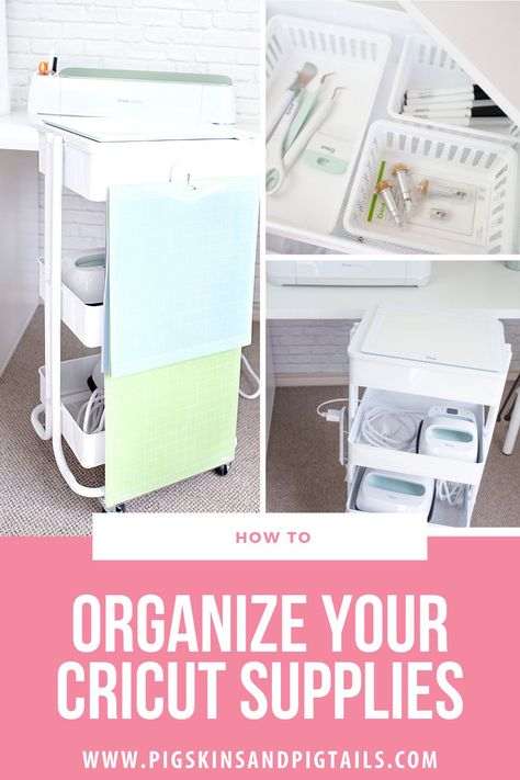 Organize and store all of your Cricut supplies in a rolling cart. See more ideas for how to organize your supplies. Cart Storage Ideas, Cricut Cart, Vinyl Craft Projects, Fun Diy Craft Projects, Diy Screen Printing, Cricut Supplies, Screen Printing Techniques, Craft Space, Rolling Cart