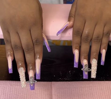 Blue And Purple Sparkle Nails, Different Shades Of Purple Nails Acrylic, Purple And Black Prom Nails, Dark Purple Prom Nails Acrylics, Light Purple Nails Prom, Purple Nail Designs Prom, Nails With Purple Dress, Dark Purple Acrylic Nails Coffin, Prom Purple Nails