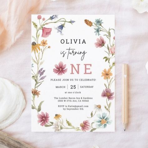 Spring Theme Birthday, Baby Girl Watercolor, Wildflower Birthday Party, Wildflower Birthday, Girl 1st Birthday, 1st Birthday Themes, Spring Birthday, Spring Wildflowers, 1st Birthday Invitation