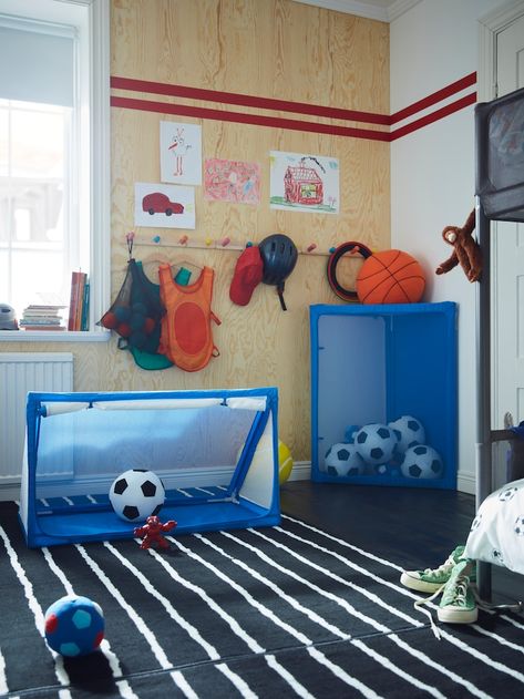 Football Bedroom, Physical Play, Kids Shared Bedroom, Ikea Ireland, Ball Storage, Play Space, Ball Lights, On The Floor, Toy Storage