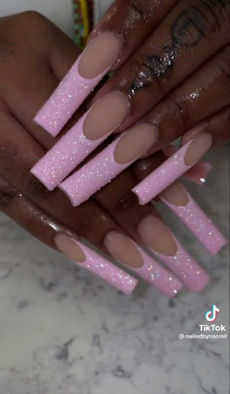 Pink Sparkle Birthday Nails, Pink Long Glitter Nails, Pink Glitter Aesthetic Nails, Pink Glitter Bottom Nails, Glittery Pink Nails Long, Glitter Pink Nails, Long Pink Nails, Nail Technician Room, Bright Acrylic Nails